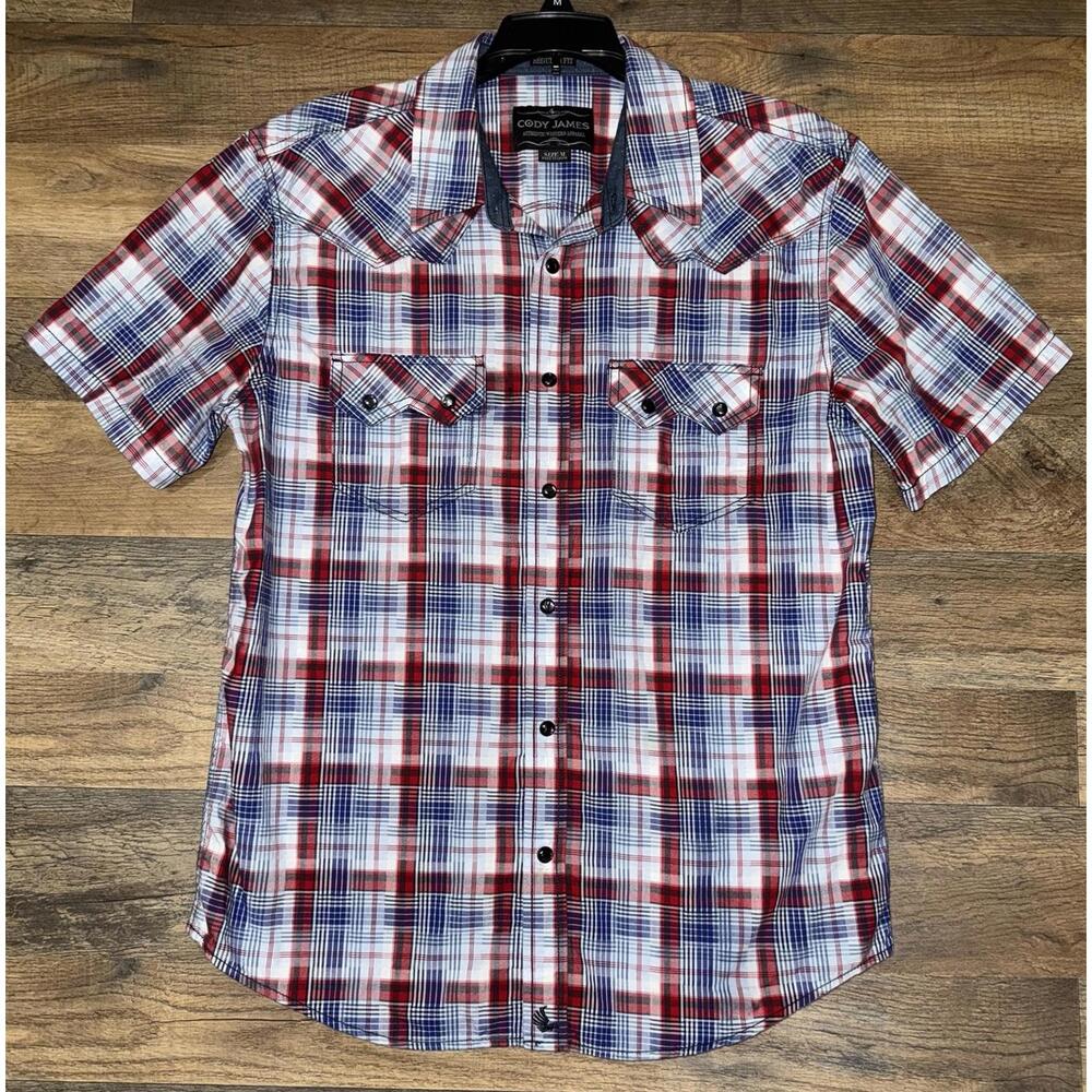 CODY JAMES Plaid Red White & Blue Button Up Pearl Snap Mens Medium Short Sleeve